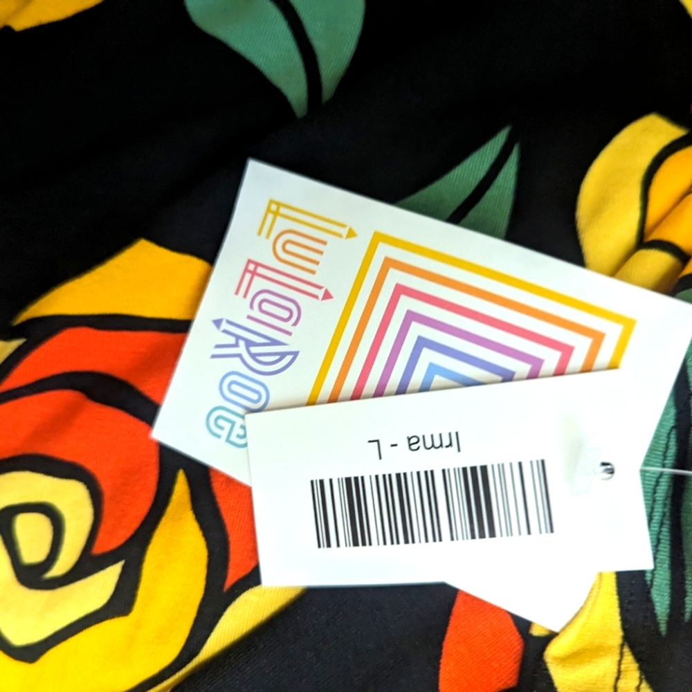 Large LuLaRoe Irma black w/ yellow orange green roses flowers floral NWT